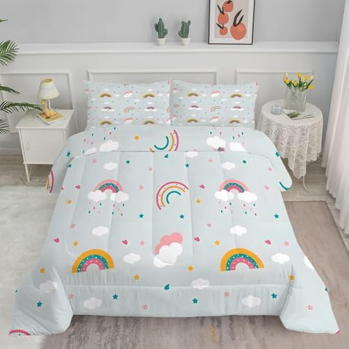 Bettdecke 200x220 Ohne Bezug Nutzbar, Regenbogentropfen Wolke Bettdecken Waschbar Ganzjahresdecke Kinder 4 Jahreszeiten Steppdecke, Bettzeug Microfaser mit 2 Kissenbezug für Sommer Winter Doppelbett