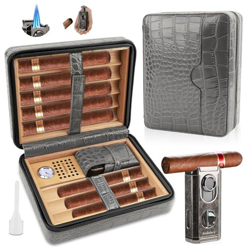 Kalolary Cigar Humidor, Portable Cigar Case with Humidifier, Cigar Lighter and Cigar Cutter Hold 8 Cigars, Cedar Wood Leather Cigar Travel Case, Men's Cigar Accessories Gift Set (Gray-Black)