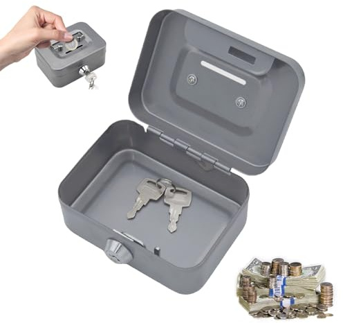 Kleine Geldkassette, Silbrig Kleiner Safe, 11,5 x 8,5 x 5,8 cm, Metallschließfach Sparbüchse mit Tastensperre, Geldkassette abschließbar mit Schlüssel, Geldtasche, Kasse mit 2 Schlüsseln