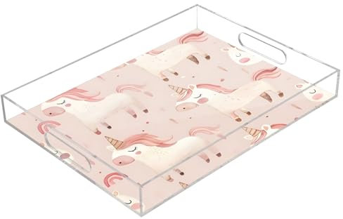 Unicorn Pink Acrylic Serving Trays, Clear Rectangular Tray with Handles Serving Platter for Coffee Table Kitchen Bathroom