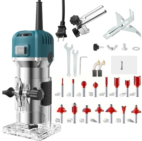 Jadeshay Electric Trim Router for Woodworking, 6 Speed Adjustment 800W Motor Wood Router Tool with 15pcs Milling Cutter Set for Chamfering, Grooving, Trimming, Carving Woodworking Projects