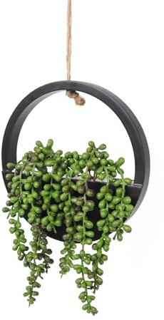 RECUTMS Artificial Succulents Hanging Plants Fake String of Pearls in Black Pots Wall Hanging Decor Greenery Wall Decor for Indoor Outdoor Home Office Wall Decor (Black)