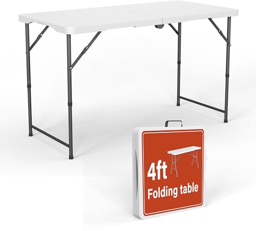 1.22m Rectangle Folding Trestle Table with Adjustable Legs Outdoor Picnic Portable Folding Table for Camping, Parties, Garden, BBQ, Beach, Indoor & Outdoor Use, Party Catering 4ft 122x60x74cm White