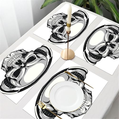 UREJD Tischsets Abwaschbar 4 Set,Vinyl Platzsets Abwaschbar für küche Speisetisch Hotel,Kaffeehaus,Festsaal,Platz-Matten,Totenkopf, DJ Punk Totenkopf hört Musik mit Kopfhörern Hippie Dead Cro,30x45cm