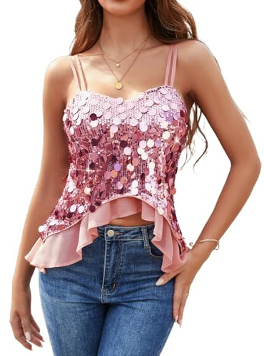 Pink Sequin Top for Women V Neck Strappy Sparkly Vest Camisole with Ruffle Glitter Elegant Sleeveless Tank Shirt for Party Club Ladies Going Out Tops Pink XL