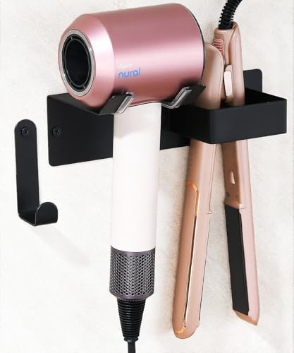 BANJEKT Hair Dryer and Straightener Holder, Stainless Steel Hair Dryer Holder Wall Mounted Drilling/Adhesive, Hair Dryer Holder for Bathroom, Hair Tools Organiser Wall Mount Black