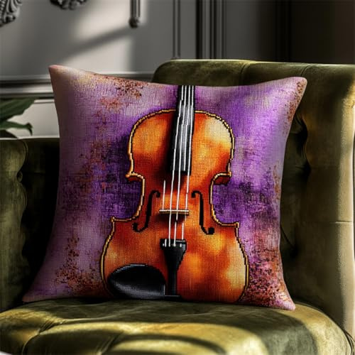 Kitquiver Knüpfkissen Mit Vordruck Musikinstrument Violine Diy-Kissenbezug Mit Gobelin-Stickerei,Kissen-Set Für Die Heimdekoration,Stickset Für Anfänger 17x17In