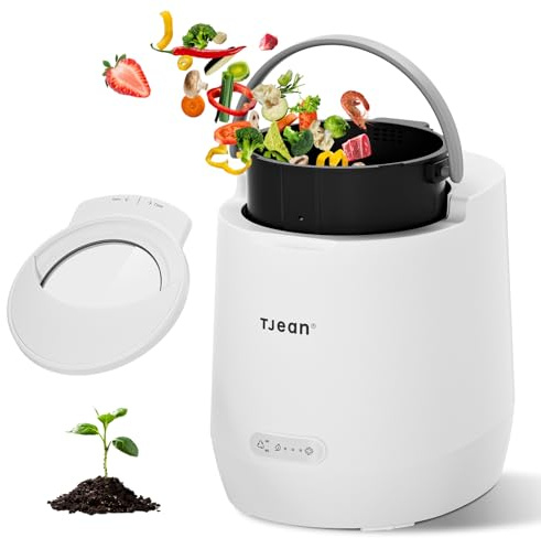 TJEAN Compostiera elettrica da 4 l, con rivestimento in ceramica e coperchio in vetro, 2 modalità, asciugatura rapida 6 ore e compostaggio per 24 ore, inodore per piano di lavoro (bianco)