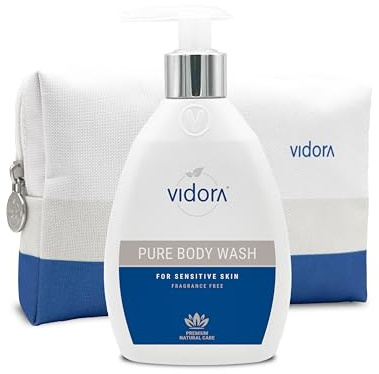 Vidora Pure Body Wash Duschgel für empfindliche Haut – parfümfreie, hypoallergene Pflegedusche mit Bio-Aloe Vera und Aprikosenkernöl – Shower Gel für sensible Haut, inklusive Kosmetiktasche, 200 ml