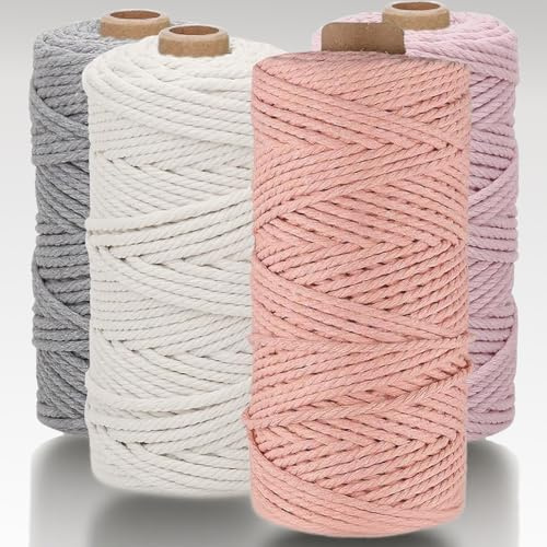 Lot de 4 fils de macramé de qualité supérieure - 3 mm x 400 m - Fil de coton naturel - Pour plante murale, artisanat - Blanc, rose clair, gris clair, cuir rose