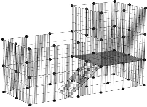 PawHut Freigehege Kleintierkäfig mit Rampe Gitter, Meerschweinchen Gehege Kleintiergehege für Hamster, Kaninchen, Kleintiere, Schwarz, 140 x 70 x 105 cm