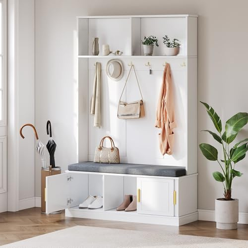 LAKFEW Garderobe mit Sitzbank, Flurgarderobe mit Offenem Stauraum und Regal, Garderobenschrank Flur mit 6 Dreifach-Haken, Garderobenset Flurgarderoben Set, Flur Möbel, 120×40×19 cm, Weiß