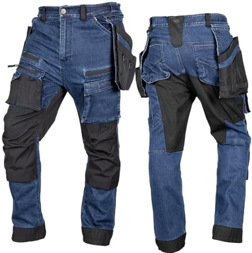 NEO TOOLS Robuste Jeans Arbeitshose, Strapazierfähige Bundhose für Herren | Aus Denim, 400 g/m² mit Kniepolstertaschen, Cordura-Verstärkungen & Stretch-Anteil