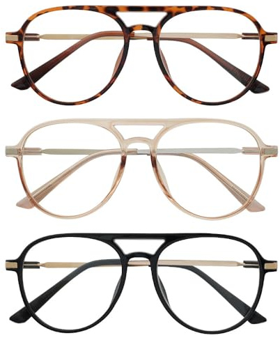 LookLux Oversized Aviator Reading Glasses 1.5 Women，3 Pack Retro Blue Light Reading Glasses Ladies, (Black, Tortoise, Champagne)