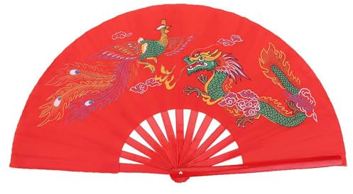 Agatige Red Tai Chi Fan, 33cm Chinese Folding Hand Fan Right Hand Kung Fu Martial Arts Folding Fan Chinese Tai Chi Fans with Storage Bag for Tai Ji Kungfu Martial Art Dance