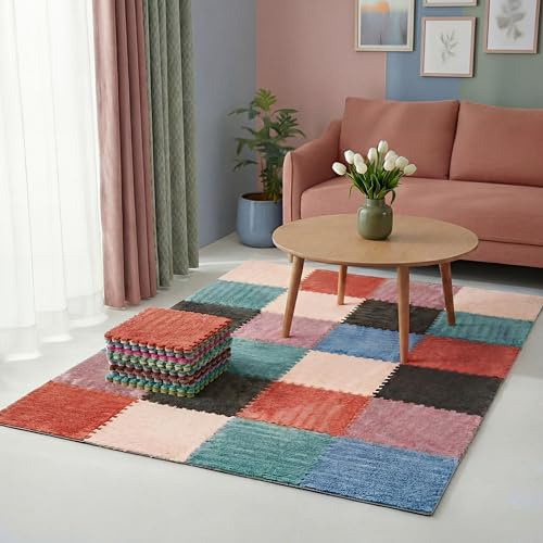 Tinideya 18 Pcs Plush Interlocking Carpet Tiles, Morandi Color 12 x 12 x 0.4 Inch Squares EVA Foam Carpet Tiles, Machine-Washable, Anti-Slip, Puzzle Floor Mat for Home Bedroom