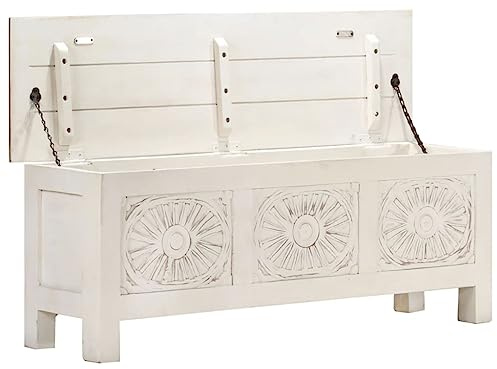 Vorpalize White Solid Acacia Wood Storage Chest Box, Hand-Carved Lowboard Trunk, 11.8x43.3x15.7 Inches, Blanket Chest for Bedroom, Living Room Storage