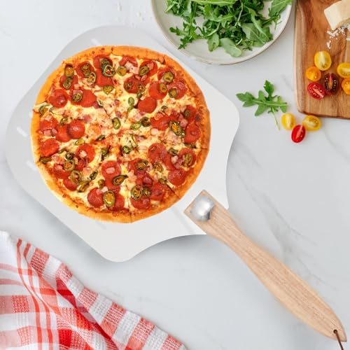 ZNLLQZN Pelle à pizza en aluminium perforée - 62,8 x 30 cm - Pliable - Avec poignée en bois amovible - Pour pizzas, grandes tartes et gâteaux - Passe au lave-vaisselle