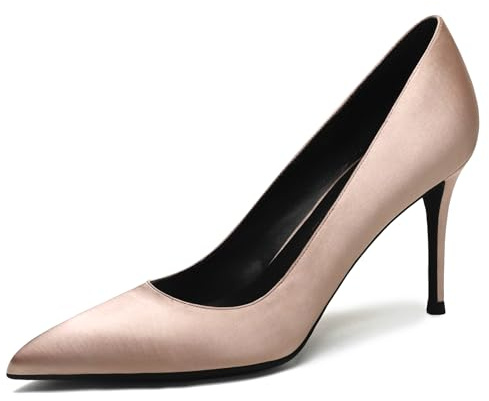 Damskor satinpumps spetssko pianoklack 8 cm gummisula slip-skor business kontor brud gästskor kvällsfest bröllop flerfärgad, champagne, 33 EU