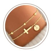 Turandoss Gold Armband Damen mit Kreuz - Layered 14K Gold Vergoldet Kreuz Armband mit Buchstaben A-Z Gliederarmbänder Personalisierte Geschenke für Frauen Mädchen Freundin Schmuck