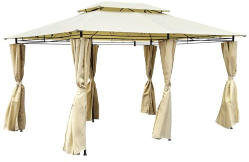 CHARLES BENTLEY 3M X 4M Steel Art Beige Gazebo With Side Curtains Marquee Tent, For Garden Parties, BBQs, Waterproof, Metal Frame, Removable Curtains, Wind Resistant, Easy Assembly (300x400x260cm)