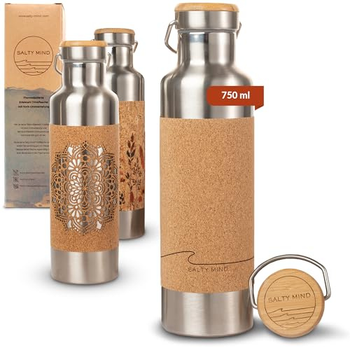 Salty Mind nachhaltige, isolierte Edelstahl Trinkflasche 750ml - Thermo Wasserflasche, auslaufsicher, schadstofffrei, geschmacksneutral | BPA frei, Kork,Tragegriff Yoga Büro - Welle Lasergravur