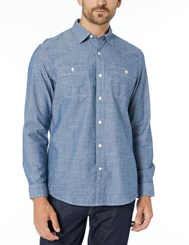 Amazon Essentials Camicia in Chambray a Maniche Lunghe Regular Fit Uomo, Slavato, L