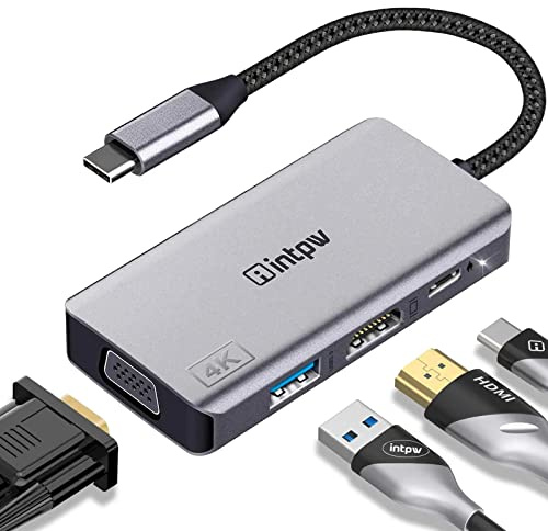intpw USB C Hub, 4 in 1 VGA to HDMI Adapter with PD 100W, 4K HDMI, Type-A 3.0 5Gbps, 1080P VGA, Alumimun USB Hub for Laptop, MacBook Pro/MacBook Air/ipad Pro/Dell XPS
