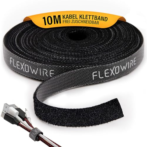 Flexowire Klett Kabelbinder 10 m x 10mm - frei zuschneidbar & wiederverwendbar - Kabelmanagement Klettband Rolle Kabelmanager Klettband Kabelbinder