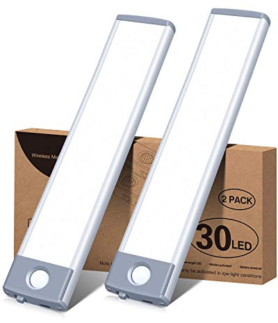 HIBOITEC LED-Unterschrankbeleuchtung, Bewegungsmelder, kabellose wiederaufladbare Schrankbeleuchtung, ultradünne, batteriebetriebene Schrankleuchte mit 30 LEDs für Küche, Schrank, Kaltweiß, 2 Stück
