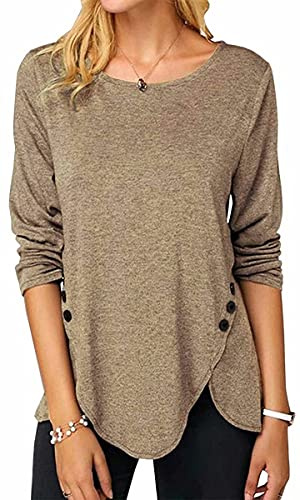 ASKSA Femme T-Shirt à Manches Longues Chemise à Col Rond Tops Lâche Long Tshirts Blouse Tunique avec Boutons (Abricot,L)