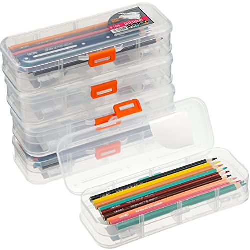 4 Stück transparente Stiftebox Double Decker Stifthalter Etui Kunststoff Schreibwaren Box Trennblätter Bleistift Behälter mit 4 Fächern Organizer Snap in Pen Case für kleine Schulbedarf Kreide Marker
