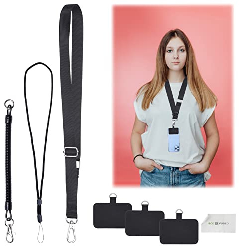 Eco-Fused Phone Straps - 3X Adjustable Neck, Wrist Strap and Stretchy Tether with Phone Pads - Universal Lanyards Holds All Smartphones with Full Coverage Cases