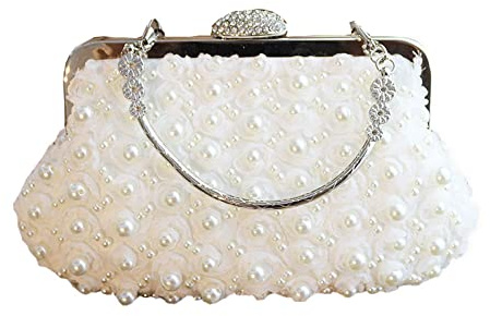 AHDMR Kleine Abendtasche für Damen, Handtasche aus Perlen, Rosa, elegant, Brieftasche, Brauttasche, Umhängetasche, schick, für Hochzeit, Zeremonie, Party, Cocktail, Bankett, Clutches mit Kette, weiß