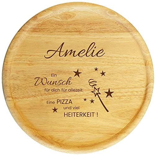 Sterngraf Pizzateller mit Gravur (Namen) personalisiertes Holz Pizzabrett 32cm - Geschenkidee zum Geburtstag, Geschenke als Dankeschön, Zauberstab Motiv P33 Wunsch