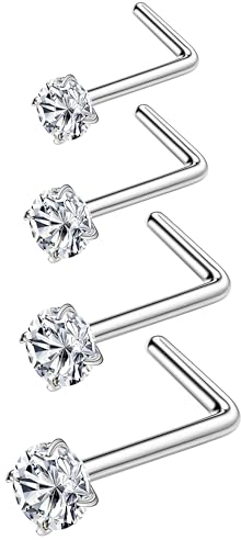 Diamday 20G 4Pcs Piercing Nez Anneaux L Forme Acier Inoxydable Nostril Piercing Set Hypoallergénique Tire Bouchon Nez Anneaux Corps Bijoux pour Femmes Hommes 1.5mm 2mm 2.5mm 3mm Argent