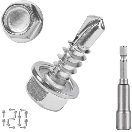 QSJ 120PCS #8 x 1/2'' Sheet Metal Screws 410 Stainless Steel Hex Washer Head Fast Self Tapping Screws with Screwdriver Bit Silver