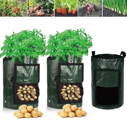 3Pack Potato Grow Bags 10 Gallon Plant Growing Bags with Strap Handles for Fruit Vegetable Root Garden Bags with Access Flap Window,Garden Planter Growing Bag (Green)