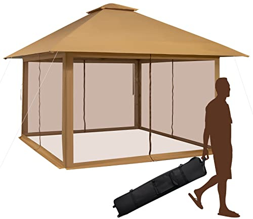 COSTWAY Tonnelle de Jardin Pliante 4 x 4M Moustiquaire Pop-up avec Parois Latérales à Fermeture Éclair, Tente Réception Double Toit Hauteur Réglable Sac de Transport Anti UV, Brun