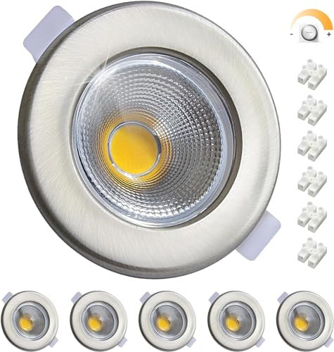 Wondlumi 6X Dimmable Downlights for Ceiling 10W, COB Ultra Slim Recessed Ceiling Lights Cool White 5000K, Round Brushed Chrome LED Spot Lights for Bedroom, Living Room, Kitchen
