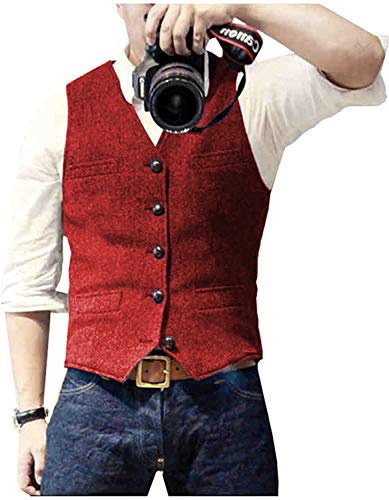 Ceehuteey Mens Suit Vest Waistcoat Tweed Retro V Neck Wool Herringbone for Prom(Red,XXL)