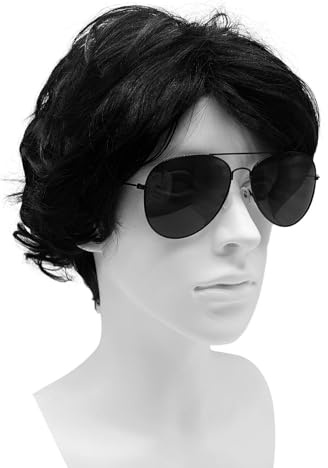 SKHAOVS 2 Stück Perücken & Sonnenbrillen Set,Kurze Schwarze Perücken,Kurz Gewellt Zottelig,70er 80er Jahre Cosplay Perücke Schräge Pony Haare,für Party Halloween Rock Hippie Star Cosplay (Schwarz)