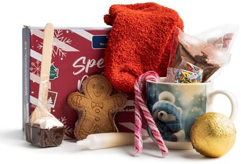 TILZ COLLECTION Coffret cadeau pour chocolat chaud avec tasse, boîte de Noël et panier de Noël rempli pour enfants | Mélangeur pour chocolat chaud, bombes de chocolat chaud avec guimauve