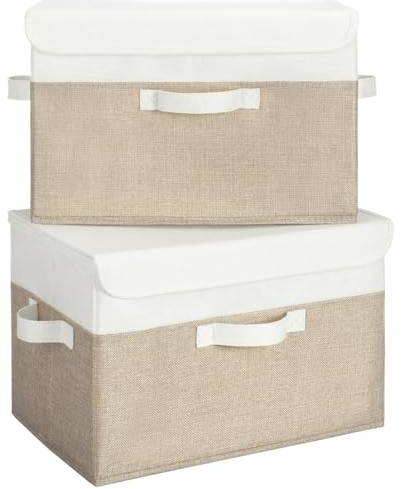 GRANNY SAYS Cajas Almacenaje con Tapa, Paquete de 2 Cajas de Almacenamiento para Estantes, Cajas de Tela Almacenaje Ropa Armario, Cajas Organizadoras con Tapa, Cajas Almacenaje Decorativas, Caqui