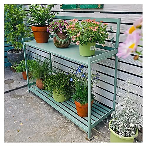 KiLoom Pflanzbank, Pflanztisch aus Metall für die Außenterrasse mit 2-stufigem offenem Regal, Gartenarbeitsplatz-Tisch zum Pflanzen (Farbe: Grün, Größe: 126,5 x 45 x 115,5 cm)