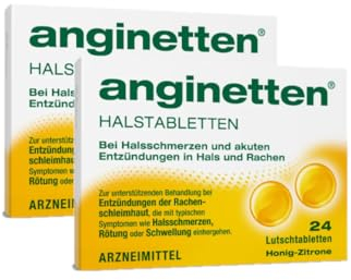 anginetten Halstabletten | schmerzlindernde Lutschtabletten Honig-Zitronen Geschmack | bei Halsschmerzen, Rötungen und Schwellungen im Mund | beruhigt den Hals und desinfiziert den Mund | 2 x 24 St