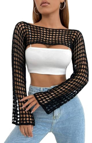 Mincib Womens Crochet Shrug Y2K Hollow Out Bolero Shrug See Through Cropped Knit Sweater Top(Black,S)