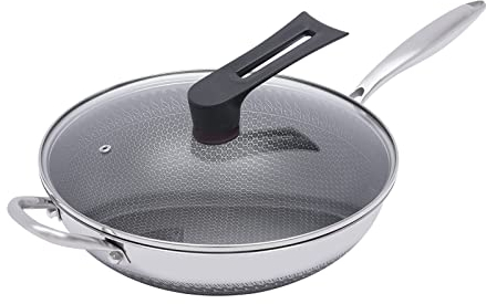 HOARLICN Wok Pan with Lid, Induction Wok Sartén 30 Cm Con Tapa Nonstick Wok Acero Inoxidable Resistente A Los Arañazos Sartén Wok Sin Revestimiento Químico Para Inducción, Eléctrica, Gas