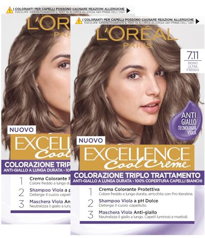 L'Oréal Paris Excellence Cool Creme Tinta Capelli Permanente Colorazione Triplo Trattamento Tecnologia Viola Anti-Giallo Crema Colorante Protettiva 7.11 Biondo Ultra Freddo - 2 Confezioni