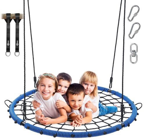 Trekassy 45 750lbs Spider Web Tree Swing for Kids & Adults, Outdoor Steel Frame Saucer Net Swing with Swivel, Adjustable Ropes + 2 Tree Hanging Straps - Blue (Patented)